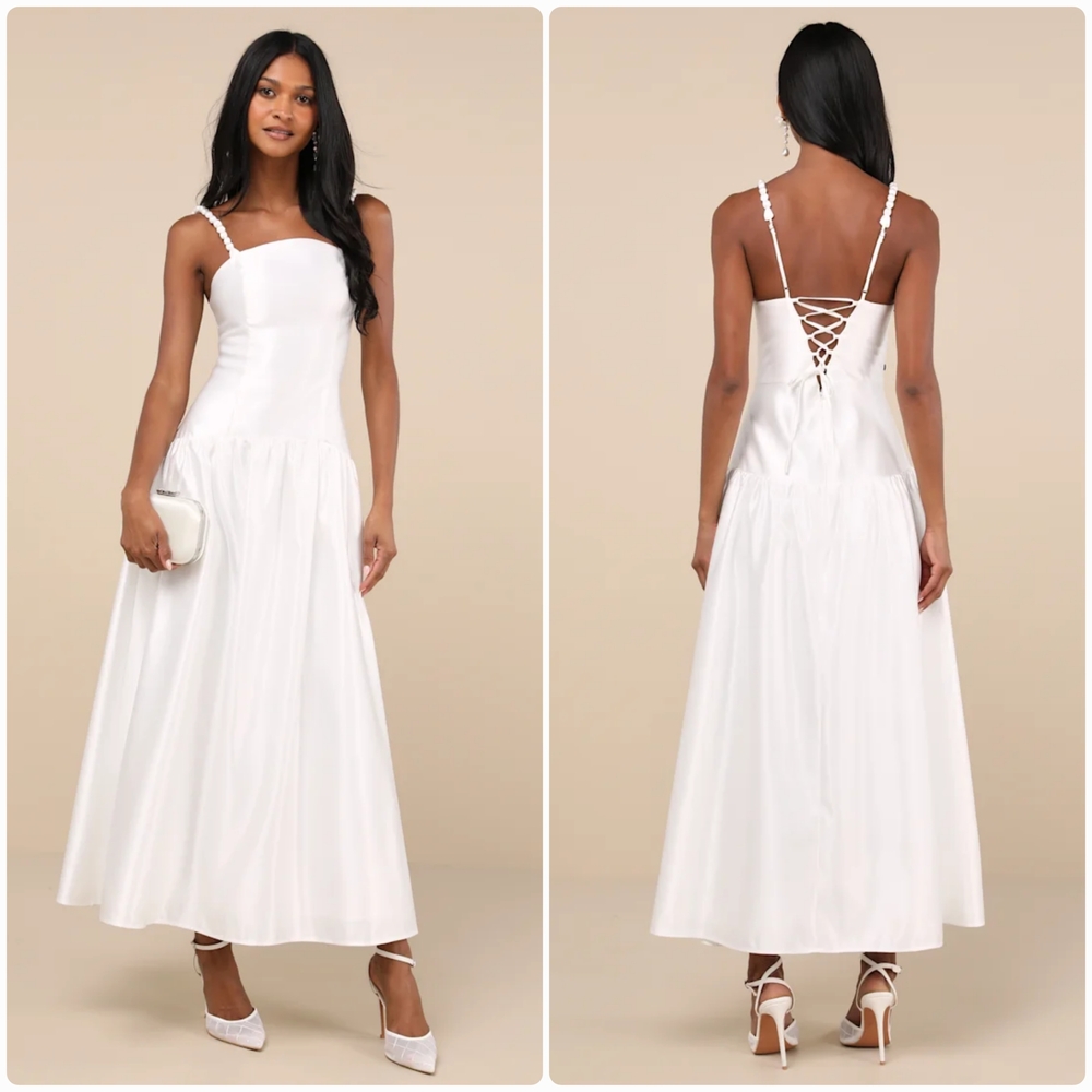 Lulus Dress Womens L White Satin Modern Adoration Lace-Up Bridal Wedding